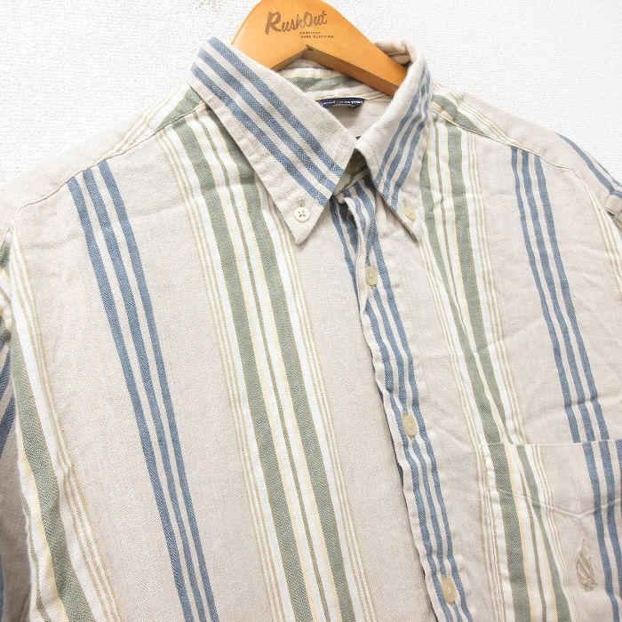 【中古】古着 ノーティカ NAUTICA 半袖 ブランドシャツ メンズ 90年代 90s ワンポイントロゴ リネン ボタンダウン 薄ベージュ カーキ ストライプ XLサイズ 中古 トップス | 春夏 春物 春服 夏物 夏服 カジュアルシャツ メンズファッション 半袖シャツ おしゃれ カ