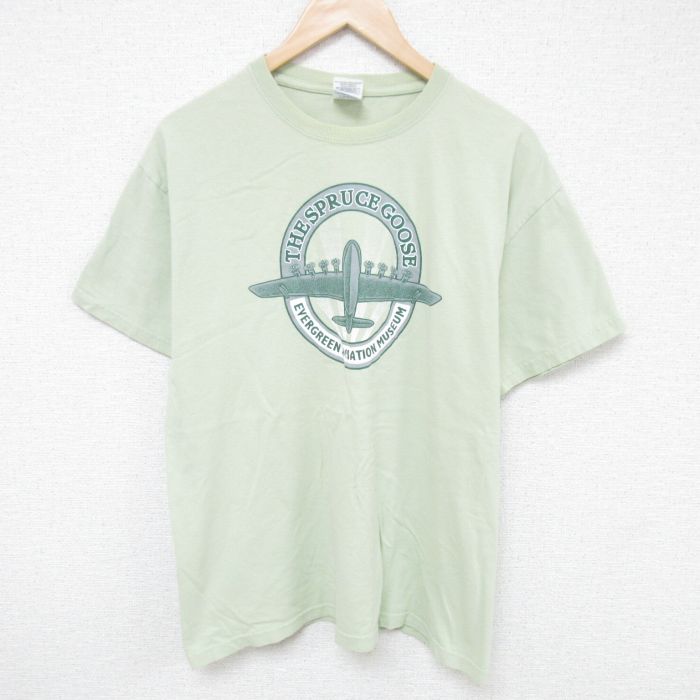 樂天商城 - 【中古】古着 半袖 ビンテージ ヴィンテージTシャツ メンズ 00年代 00s 飛行機 コットン クルーネック 丸首 薄緑 グリーン XLサイズ 中古 | 春夏 夏物 夏服 ヴィンテージTシャツ メンズファッション カットソー ティーシャツ ティシャツ メンズTシャツ 半袖Tシャ