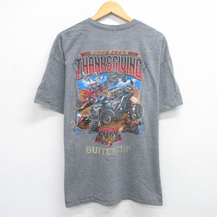 【中古】古着 半袖Tシャツ メンズ レーシングカー THANKSGIVING 大きいサイズ 2L LL ビッグシルエット ゆったり ビッグサイズ オーバーサイズ クルーネック 丸首 グレー 霜降り XLサイズ 中古 | 春夏 夏物 夏服 メンズファッション カットソー ティーシャツ ティ