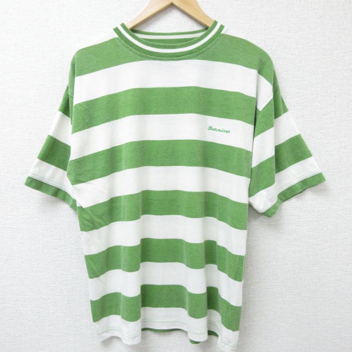 【中古】古着 半袖Tシャツ メンズ Saturdays クルーネック 丸首 緑 グリーン ボーダー Lサイズ 中古 | 春夏 夏物 夏服 メンズファッション カットソー ティーシャツ ティシャツ メンズTシャツ 半袖Tシャツ 半袖ティーシャツ カジュアルTシャツ おしゃれ カジュア 5OF