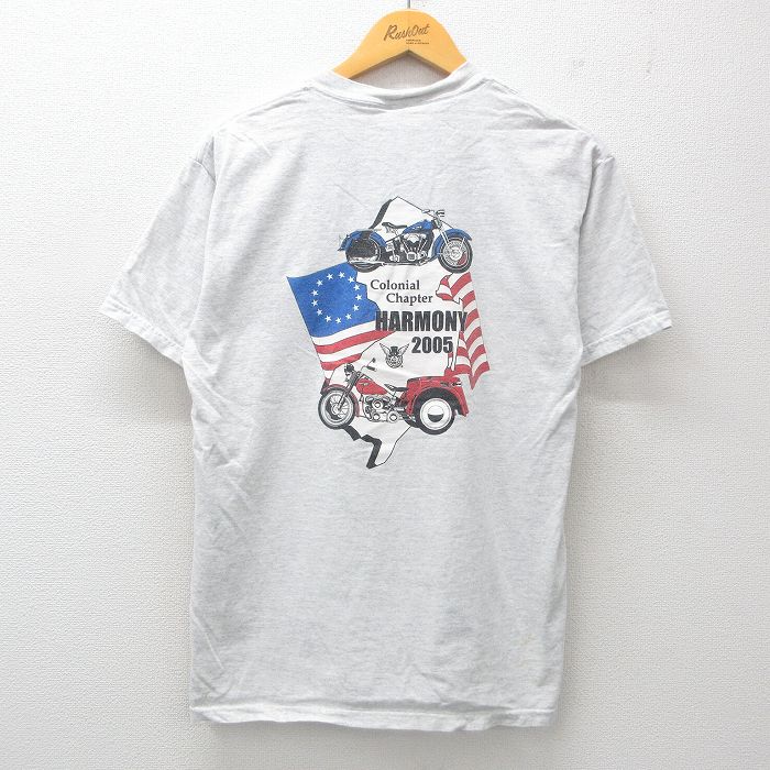 乐天商城 - 【中古】古着 半袖 ビンテージ ヴィンテージTシャツ メンズ 00年代 00s バイク 星条旗 胸ポケット付き クルーネック 丸首 薄グレー 霜降り Mサイズ 中古 | 春夏 夏物 夏服 メンズファッション カットソー ティーシャツ ティシャツ メンズTシャツ 半袖Tシャツ 半袖