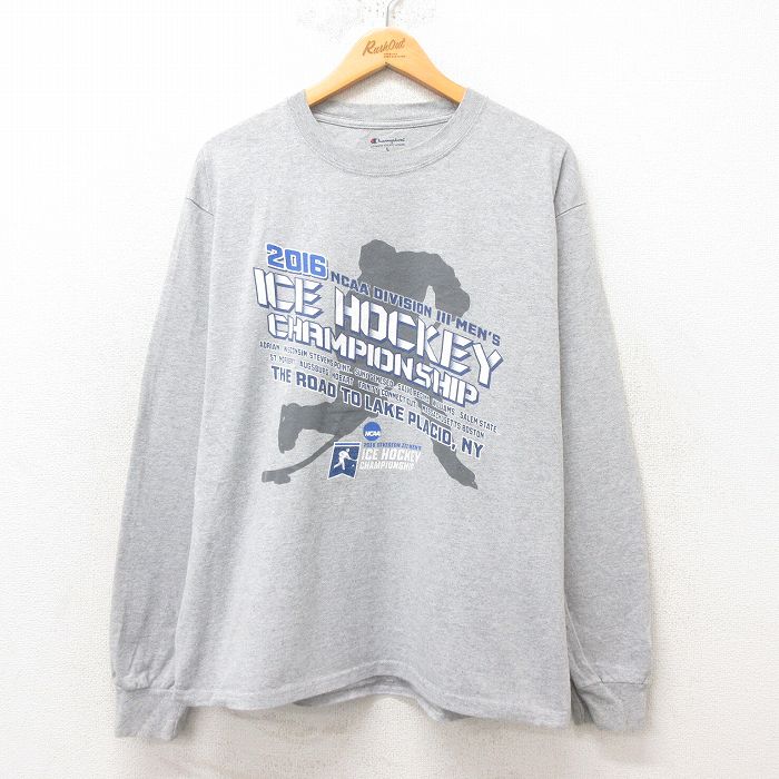 【中古】古着 チャンピオン Champion 長袖Tシャツ メンズ アイスホッケー クルーネック 丸首 グレー 霜降り Lサイズ 中古 | 春夏 春物 春服 秋冬 秋物 秋服 メンズファッション ロンT カットソー ロンティー ロングT ロングTシャツ ロングティーシャツ ロング丈