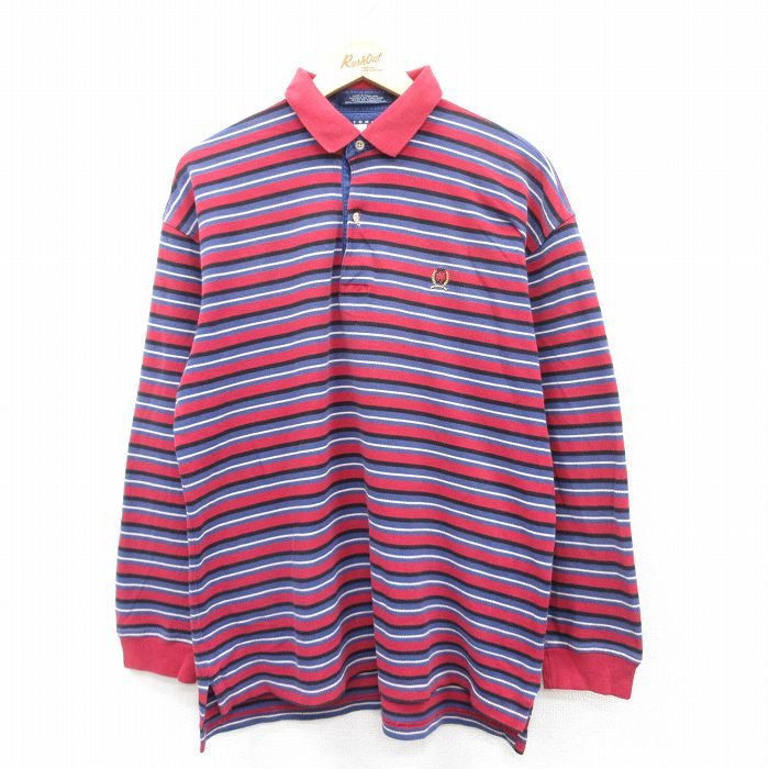 乐天商城 - 【中古】古着 トミーヒルフィガー TOMMY HILFIGER 長袖 ブランド ポロシャツ メンズ 90年代 90s ワンポイントロゴ 鹿の子 コットン 赤他 レッド ボーダー Lサイズ 中古 トップス | 春夏 春物 春服 秋冬 秋物 秋服 カジュアルシャツ メンズファッション 長袖シャツ