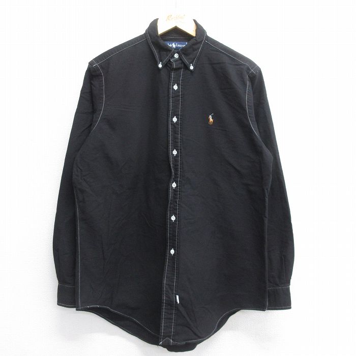 【中古】古着 ラルフローレン Ralph Lauren 長袖 ブランドシャツ メンズ 90年代 90s ワンポイントロゴ オックスフォード コットン ボタンダウン 黒 ブラック Lサイズ 中古 トップス | 春夏 春物 春服 秋冬 秋物 秋服 カジュアルシャツ メンズファッション 長袖シ
