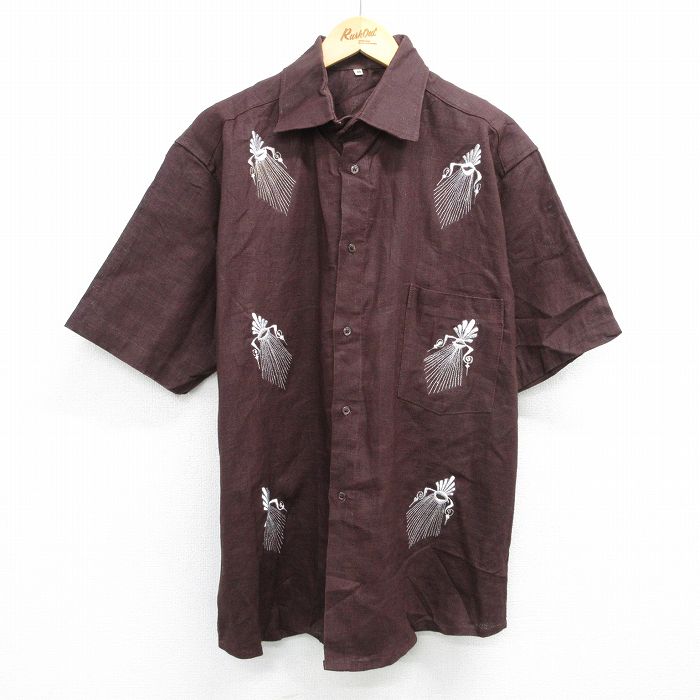 【中古】古着 半袖シャツ メンズ 90年代 90s 刺繍 茶 ブラウン XLサイズ 中古 トップス | 春夏 春物 春服 夏物 夏服 カジュアルシャツ メンズファッション 半袖シャツ おしゃれ カジュアル