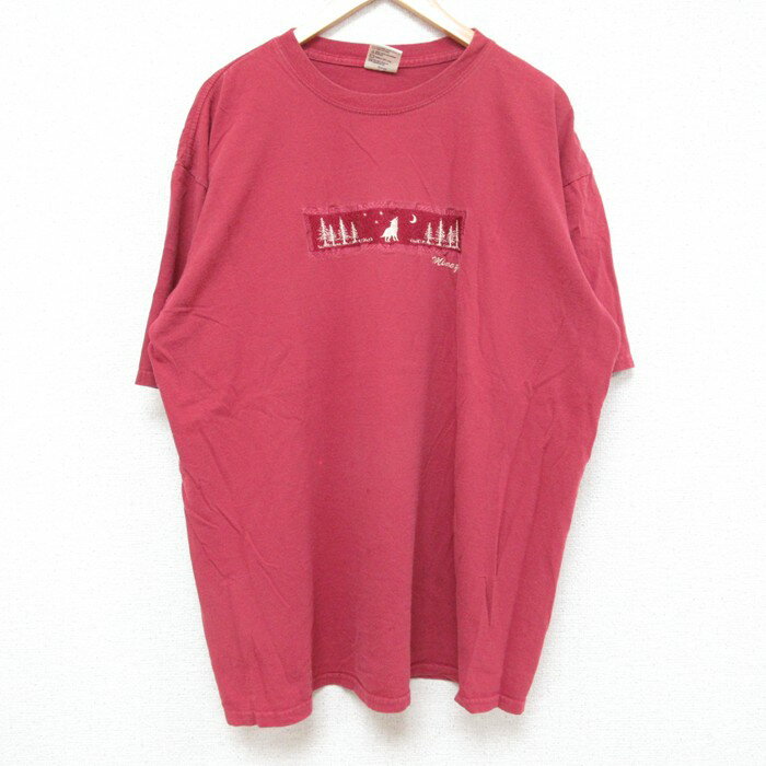 乐天商城 - 【中古】古着 半袖Tシャツ メンズ 木 刺繍 大きいサイズ 2L LL ビッグシルエット ゆったり ビッグサイズ オーバーサイズ コットン クルーネック 丸首 エンジ XLサイズ 中古 | 春夏 夏物 夏服 メンズファッション カットソー ティーシャツ ティシャツ メンズTシャ