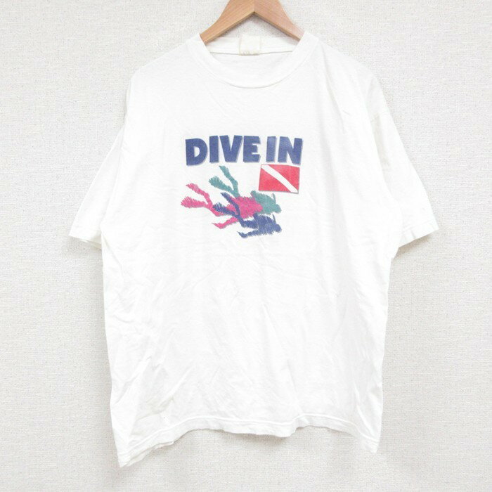 乐天商城 - 【中古】古着 半袖Tシャツ メンズ ダイビング クルーネック 丸首 白 ホワイト Lサイズ 中古 | 春夏 夏物 夏服 メンズファッション カットソー ティーシャツ ティシャツ メンズTシャツ 半袖Tシャツ 半袖ティーシャツ カジュアルTシャツ おしゃれ カジュアル