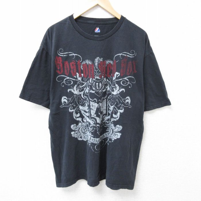 樂天商城 - 【中古】古着 マジェスティック 半袖 ビンテージ ヴィンテージTシャツ メンズ 00年代 00s MLB ボストンレッドソックス 大きいサイズ 2L LL ビッグシルエット ゆったり ビッグサイズ オーバーサイズ コットン クルーネック 丸首 黒 ブラック メジャーリーグ ベース