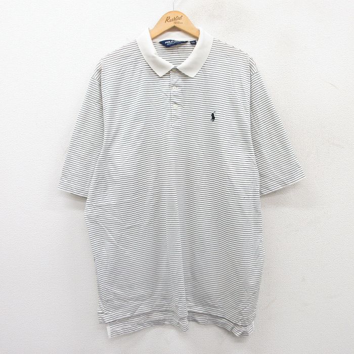 【中古】古着 ラルフローレン ポロゴルフ 90s 半袖ポロシャツ メンズ ホワイト ボーダー Ralph Lauren 2Lサイズ コットン ワンポイントロゴ ビッグシルエット 大きいサイズ