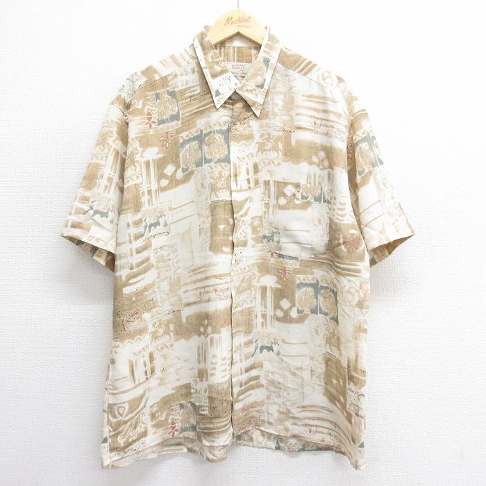 Other - 【中古】古着 00s ヴィンテージ半袖シャツ メンズ 2Lサイズ ベージュ ボタンダウン 総柄 アメカジ ストリート カジュアル きれいめ レトロ オールド 大きいサイズ ビッグサイズ 5OF