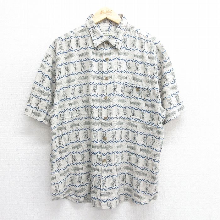 【中古】古着 半袖シャツ メンズ 壁画 魚 シルク 薄グレー XLサイズ 中古 トップス | 春夏 春物 春服 夏物 夏服 カジュアルシャツ メンズファッション 半袖シャツ おしゃれ カジュアル