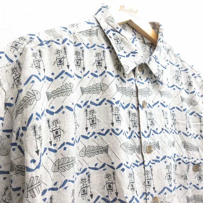 【中古】古着 半袖シャツ メンズ 壁画 魚 シルク 薄グレー XLサイズ 中古 トップス | 春夏 春物 春服 夏物 夏服 カジュアルシャツ メンズファッション 半袖シャツ おしゃれ カジュアル