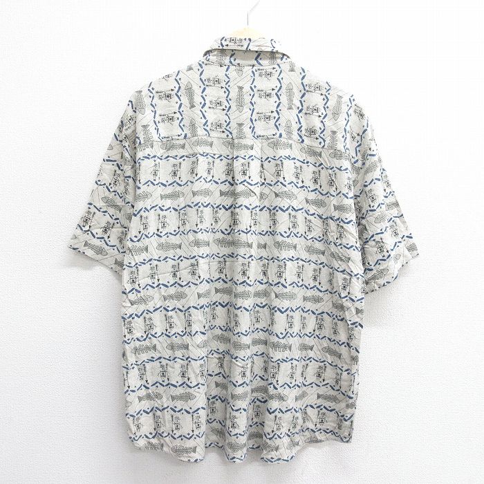 【中古】古着 半袖シャツ メンズ 壁画 魚 シルク 薄グレー XLサイズ 中古 トップス | 春夏 春物 春服 夏物 夏服 カジュアルシャツ メンズファッション 半袖シャツ おしゃれ カジュアル
