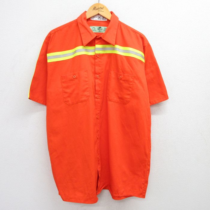 【中古】古着 レッドキャップ 半袖 ワークシャツ メンズ 00年代 00s リフレクター 大きいサイズ 2L LL ビッグシルエット ゆったり ビッグサイズ オーバーサイズ ロング丈 コットン オレンジ他 XLサイズ 中古 トップス | 春夏 春物 春服 夏物 夏服 カジュアルシャ