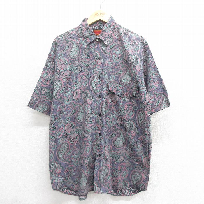 Rakuten - 【中古】古着 半袖シャツ メンズ 花柄 紫 パープル Lサイズ コットン カジュアルシャツ トップス 春夏 アメカジ ストリート きれいめ ヴィンテージ レトロ オールド