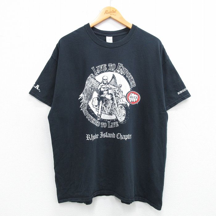 【中古】古着 半袖Tシャツ メンズ バイク スケルトン コットン クルーネック 丸首 黒 ブラック  ...