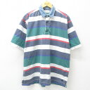 【中古】古着 アメリカンイーグル American Eagle 半袖 ラガーシャツ メンズ 90年代 90s 襟デニム 大きいサイズ 2L LL ビッグシルエット ゆったり ビッグサイズ オーバーサイズ コットン 緑他 グリーン ボーダー 【spe】 XLサイズ 中古 トップス | 春夏 春物 春服