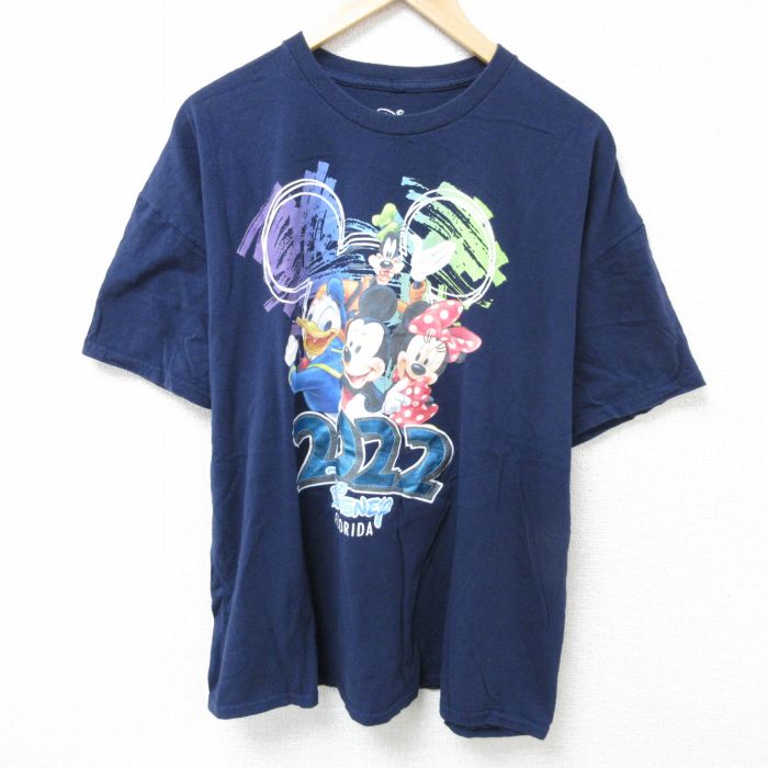 【中古】古着 半袖Tシャツ メンズ 大きいサイズ 2L LL ビッグシルエット ゆったり ビッグサイズ オーバーサイズ ディズニー DISNEY ミッキー MICKEY MOUSE ミニー コットン クルーネック 丸首 紺 ネイビー XLサイズ 中古 | 春夏 夏物 夏服 メンズファッション カ 2OF