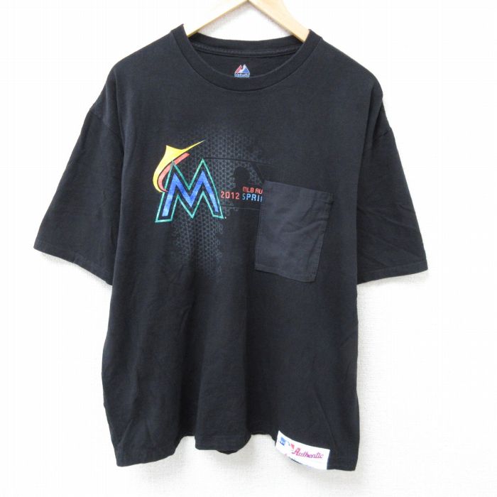 乐天商城 - 【中古】古着 マジェスティック 半袖Tシャツ メンズ MLB 胸ポケット付き 大きいサイズ 2L LL ビッグシルエット ゆったり ビッグサイズ オーバーサイズ コットン クルーネック 丸首 黒 ブラック メジャーリーグ ベースボール 野球 XLサイズ 中古 | 春夏 夏物 夏服