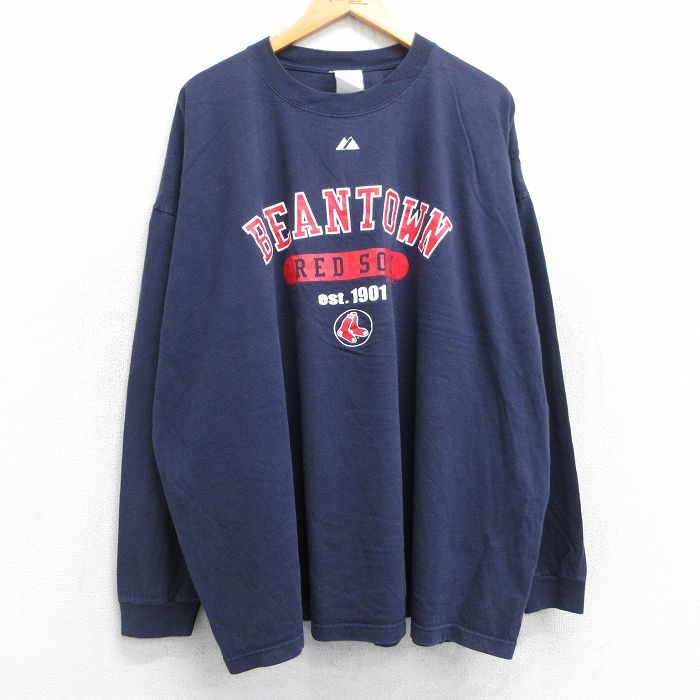 Rakuten - 【中古】古着 マジェスティック 00s ヴィンテージ長袖Tシャツ メンズ 2Lサイズ MLB ボストンレッドソックス 紺 ネイビー クルーネック ベースボール アメカジ ストリート
