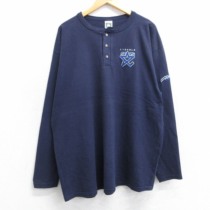 【中古】古着 長袖 ビンテージ ヴィンテージTシャツ メンズ 90年代 90s リンカーンスターズ 大きいサイズ 2L LL ビッグシルエット ゆったり ビッグサイズ オーバーサイズ コットン ヘンリーネック USA製 アメリカ製 紺 ネイビー XLサイズ 中古 | 春夏 春物 春服 5OF