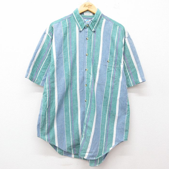 乐天商城 - 【中古】古着 半袖シャツ メンズ 90年代 90s コットン ボタンダウン 薄緑他 グリーン ストライプ Lサイズ 中古 トップス | 春夏 春物 春服 夏物 夏服 カジュアルシャツ メンズファッション 半袖シャツ おしゃれ カジュアル