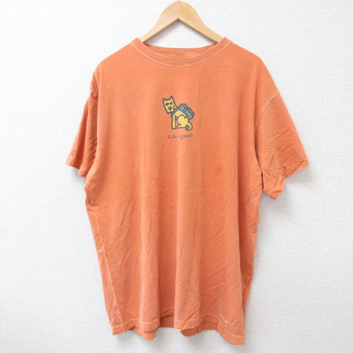 乐天商城 - 【中古】古着 半袖Tシャツ メンズ 犬 大きいサイズ 2L LL ビッグシルエット ゆったり ビッグサイズ オーバーサイズ コットン クルーネック 丸首 オレンジ XLサイズ 中古 | 春夏 夏物 夏服 メンズファッション カットソー ティーシャツ ティシャツ メンズTシャツ