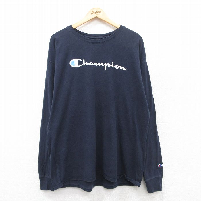 樂天商城 - 【中古】古着 チャンピオン Champion 長袖Tシャツ メンズ ビッグロゴ 大きいサイズ 2L LL ビッグシルエット ゆったり ビッグサイズ オーバーサイズ クルーネック 丸首 紺 ネイビー XLサイズ 中古 | 春夏 春物 春服 秋冬 秋物 秋服 メンズファッション ロンT カッ