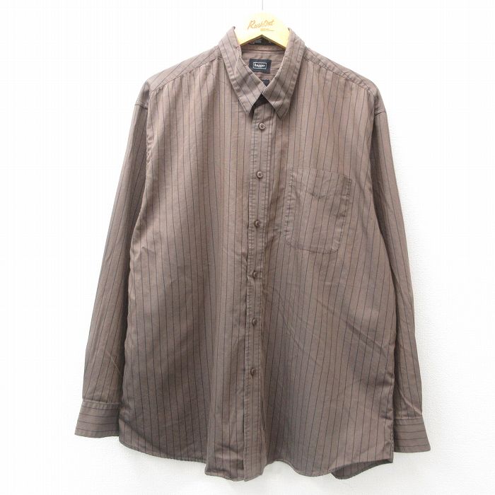 樂天商城 - 【中古】古着 HAGGAR 長袖シャツ メンズ 大きいサイズ 2L LL ビッグシルエット ゆったり ビッグサイズ オーバーサイズ ロング丈 コットン 茶他 ブラウン ストライプ XLサイズ 中古 トップス | 春夏 春物 春服 秋冬 秋物 秋服 カジュアルシャツ メンズファッション