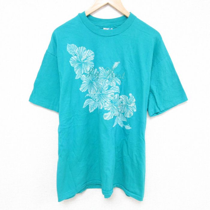 乐天商城 - 【中古】古着 ヘインズ Hanes 半袖 ビンテージ ヴィンテージTシャツ メンズ 90年代 90s 花柄 コットン クルーネック 丸首 USA製 アメリカ製 青緑 XLサイズ 中古 | 春夏 夏物 夏服 ヴィンテージTシャツ メンズファッション カットソー ティーシャツ ティシャツ メ