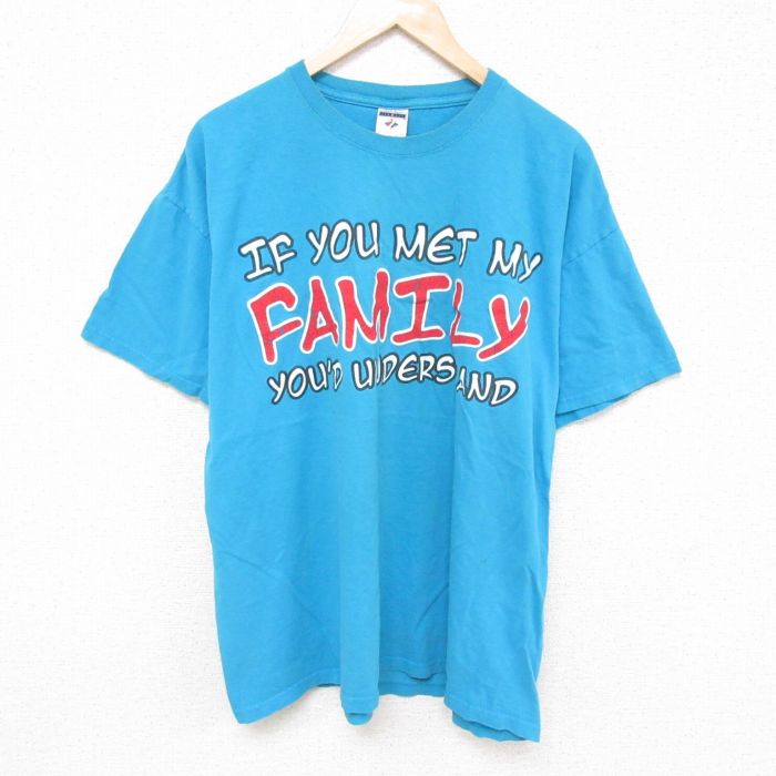 樂天商城 - 【中古】古着 ジャージーズ 半袖 ビンテージ ヴィンテージTシャツ メンズ 00年代 00s FAMILY 大きいサイズ 2L LL ビッグシルエット ゆったり ビッグサイズ オーバーサイズ コットン クルーネック 丸首 水色 XLサイズ 中古 | 春夏 夏物 夏服 ヴィンテージTシャツ