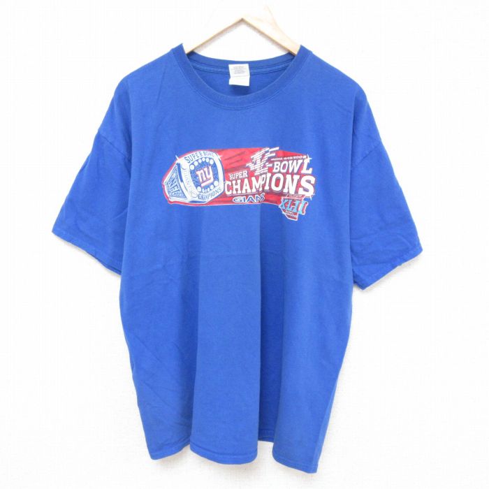 乐天商城 - 【中古】古着 半袖 ビンテージ ヴィンテージTシャツ メンズ 00年代 00s NFL ニューヨークジャイアンツ 大きいサイズ 2L LL ビッグシルエット ゆったり ビッグサイズ オーバーサイズ コットン クルーネック 丸首 青 ブルー アメフト スーパーボウル XLサイズ 中古