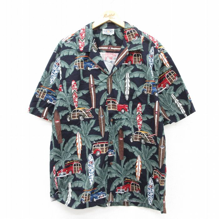 XL★古着 半袖 ハワイアン シャツ メンズ 90年代 90s ヤシの木 バイク 総柄 大きいサイズ 開襟 オープンカラー ハワイ製 ベージュ他 カーキ  24may28 中古 アロハ トップス 中古古着 半袖 ハワイアンシャツ アロハシャツ