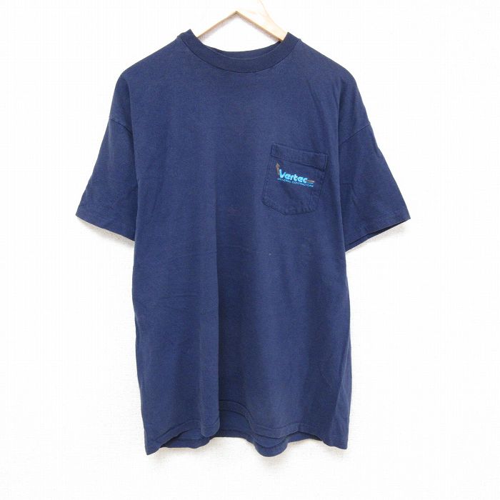 【中古】古着 半袖 ビンテージ ヴィンテージTシャツ メンズ 90年代 90s Vertec 胸ポケット付き 大きいサイズ 2L LL ビッグシルエット ゆったり ビッグサイズ オーバーサイズ クルーネック 丸首 紺 ネイビー XLサイズ 中古 | 春夏 夏物 夏服 ヴィンテージTシャツ