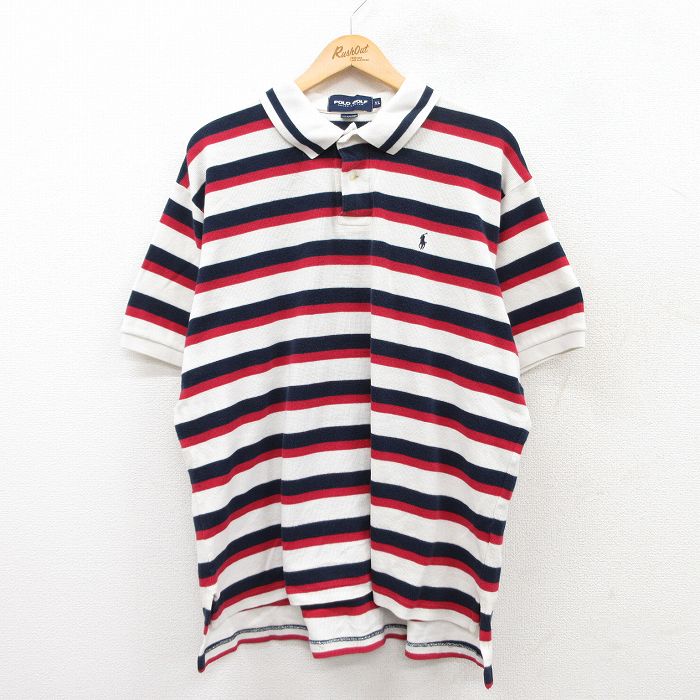 【中古】古着 ラルフローレン Ralph Lauren ポロゴルフ 半袖 ブランド ポロシャツ メンズ 90年代 90s ワンポイントロゴ 鹿の子 大きいサイズ 2L LL ビッグシルエット ゆったり ビッグサイズ オーバーサイズ コットン 白他 ホワイト ボーダー XLサイズ 中古 トップ