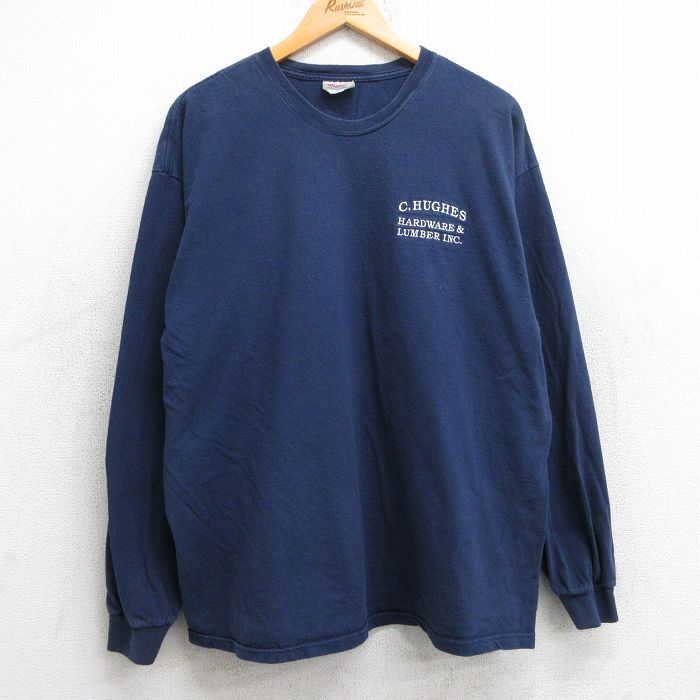 【中古】古着 ヘインズ Hanes 長袖 ビンテージ ヴィンテージTシャツ メンズ 00年代 00s ハードウェア LUMBER コットン クルーネック 丸首 紺 ネイビー XLサイズ 中古 | 春夏 春物 春服 秋冬 秋物 秋服 メンズファッション ロンT カットソー ロンティー ロングT ロ
