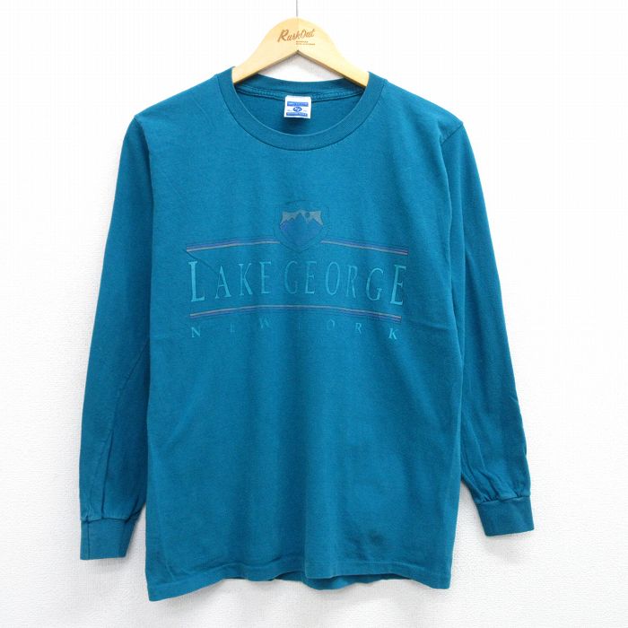 乐天商城 - 【中古】古着 90s ヴィンテージ 長袖Tシャツ メンズ Mサイズ LAKE GEORGE コットン USA製 青緑 クルーネック ロンT カットソー アメカジ ストリート カジュアル