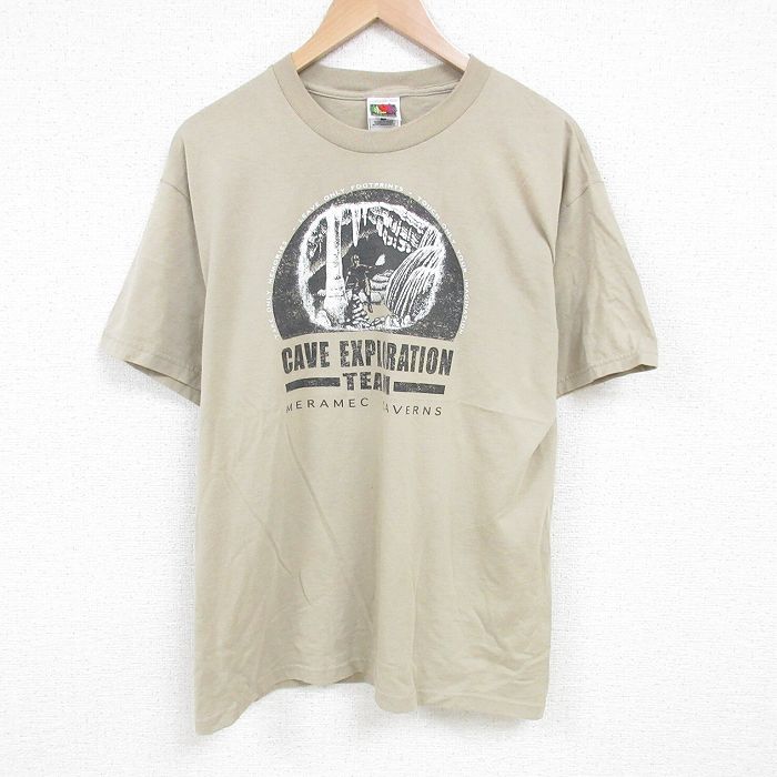 【中古】古着 フルーツオブザルーム 半袖 ビンテージ ヴィンテージTシャツ メンズ 00年代 00s CAVE クルーネック 丸首 ベージュ カーキ XLサイズ 中古 | 春夏 夏物 夏服 ヴィンテージTシャツ メンズファッション カットソー ティーシャツ ティシャツ メンズTシャ 2OF(4.0)