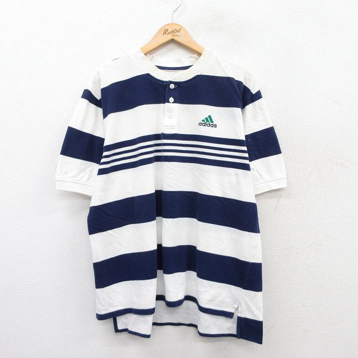 【中古】古着 アディダス adidas 半袖 トップス メンズ ワンポイントロゴ 鹿の子 ヘンリーネック 白他 ホワイト Lサイズ 中古 | 春夏 春物 春服 夏物 夏服 カジュアルシャツ メンズファッション 半袖シャツ おしゃれ カジュアル