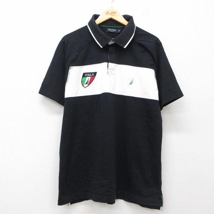 【中古】古着 ノーティカ NAUTICA 半袖 ブランド ラガーシャツ メンズ ワンポイントロゴ イタリア ラグラン コットン 黒他 ブラック Lサイズ 中古 トップス | 春夏 春物 春服 夏物 夏服 カジュアルシャツ メンズファッション 半袖シャツ おしゃれ カジュアル