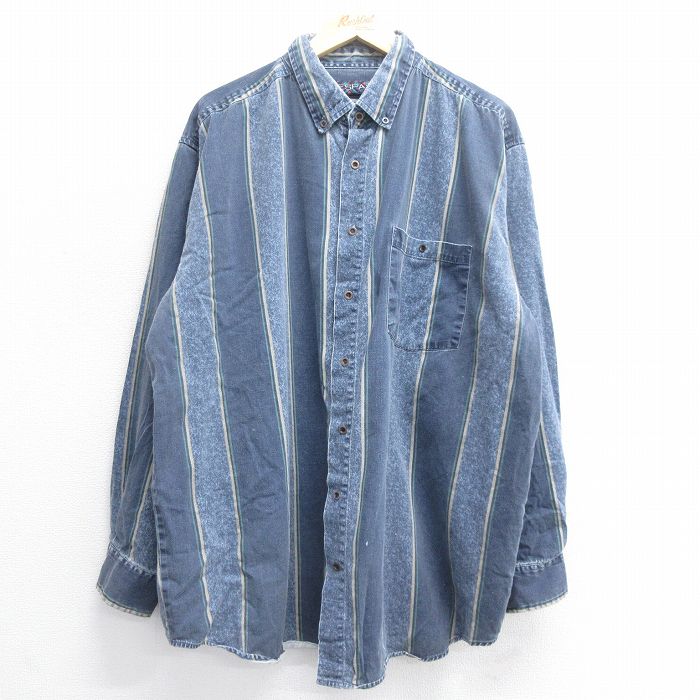 樂天商城 - 【中古】古着 長袖シャツ メンズ 90年代 90s 大きいサイズ 2L LL ビッグシルエット ゆったり ビッグサイズ オーバーサイズ ロング丈 コットン ボタンダウン 紺他 ネイビー ストライプ 【spe】 XLサイズ 中古 トップス | 春夏 春物 春服 秋冬 秋物 秋服 カジュアル