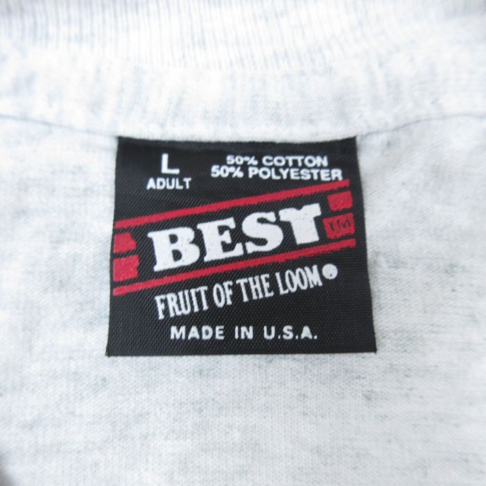 【中古】古着 フルーツオブザルーム半袖 ビンテージ ヴィンテージTシャツ メンズ 90年代 90s ソフトボール クルーネック 丸首 USA製 アメリカ製 薄グレー 霜降り Lサイズ 中古 半袖 | 春夏 夏物 夏服 ヴィンテージTシャツ メンズファッション カットソー ティーシ 5OF