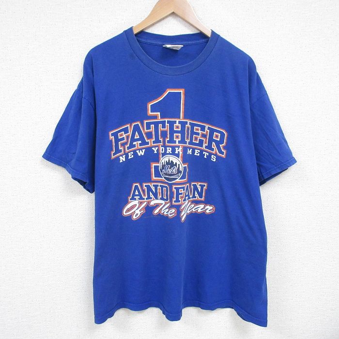 乐天商城 - 【中古】古着 半袖 ビンテージ ヴィンテージTシャツ メンズ 00年代 00s MLB ニューヨークメッツ 大きいサイズ 2L LL ビッグシルエット ゆったり ビッグサイズ オーバーサイズ コットン クルーネック 丸首 青 ブルー メジャーリーグ ベースボール 野球 XLサイズ 中