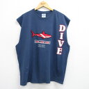 【中古】古着 ノースリーブTシャツ メンズ サメ DIVE 大きいサイズ 2L LL ビッグシルエット ゆったり ビッグサイズ オーバーサイズ コットン クルーネック 丸首 紺 ネイビー XLサイズ 中古 春夏 夏物 夏服 メンズファッション カジュアル おしゃれ