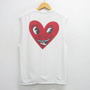 【中古】古着 ノースリーブTシャツ メンズ キースヘリング ハート コットン クルーネック 丸首 白 ホワイト Lサイズ 中古 春夏 夏物 夏服 メンズファッション カジュアル おしゃれ