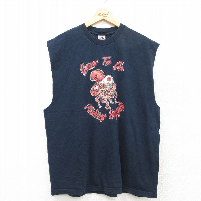 【中古】古着 ノースリーブ ビンテージ ヴィンテージTシャツ メンズ 00年代 00s スカル タコ コットン クルーネック 丸首 紺 ネイビー XLサイズ 中古 春夏 夏物 夏服 メンズファッション カジュアル おしゃれ