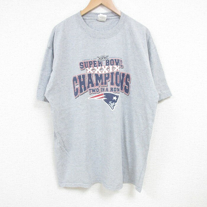 【中古】古着 半袖 ビンテージ ヴィンテージTシャツ メンズ 00年代 00s NFL ニューイングランドペイトリオッツ 大きいサイズ 2L LL ビッグシルエット ゆったり ビッグサイズ オーバーサイズ クルーネック 丸首 グレー 霜降り アメフト スーパーボウル XLサイズ 中
