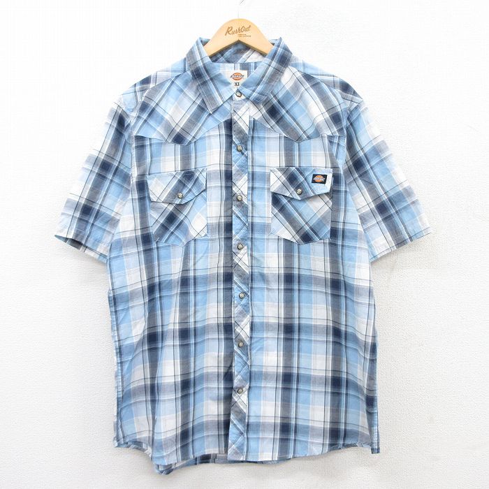 乐天商城 - 【中古】古着 ディッキーズ Dickies 半袖 ウエスタンシャツ メンズ 薄紺他 ネイビー チェック XLサイズ 中古 トップス | 春夏 春物 春服 夏物 夏服 カジュアルシャツ メンズファッション 半袖シャツ おしゃれ カジュアル