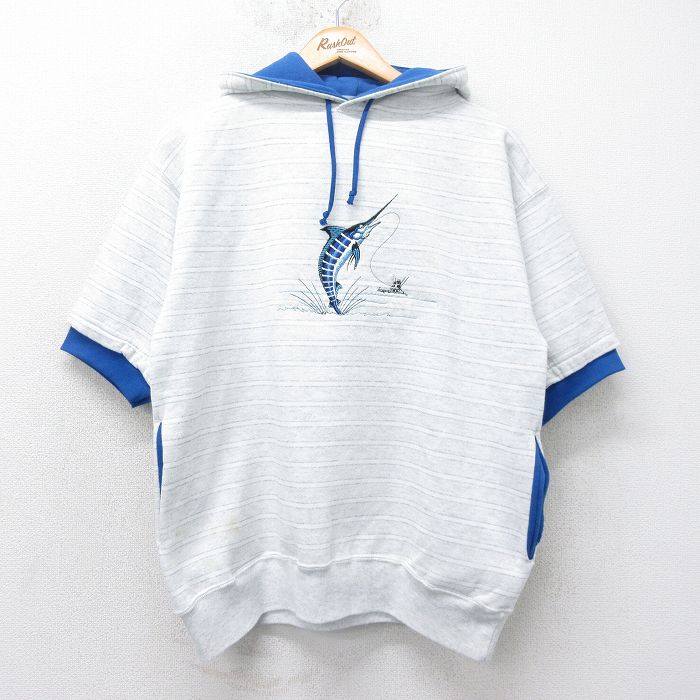 【中古】古着 半袖スウェットパーカー メンズ 90年代 90s カジキ 刺繍 USA製 アメリカ製 薄グレー 霜降..
