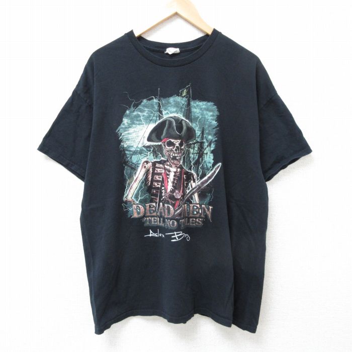 【中古】古着 半袖Tシャツ メンズ スカルパイレーツ 大きいサイズ 2L LL ビッグシルエット ゆったり ビッグサイズ オーバーサイズ コットン クルーネック 丸首 黒 ブラック XLサイズ 中古 | 春夏 夏物 夏服 メンズファッション カットソー ティーシャツ ティシャ